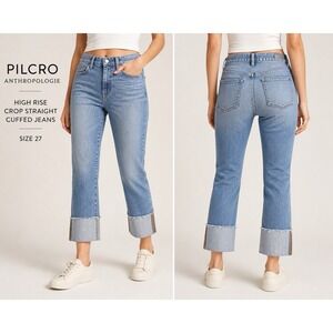 Pilcro Anthropologie Jeans Women 27 High Rise Crop Straight Cuffed Raw Hem Denim